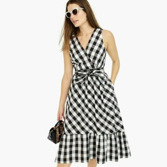 J. Crew Sleeveless Faux-Wrap Dress In Gingham Plaid Cotton Poplin - Picture 1 of 16